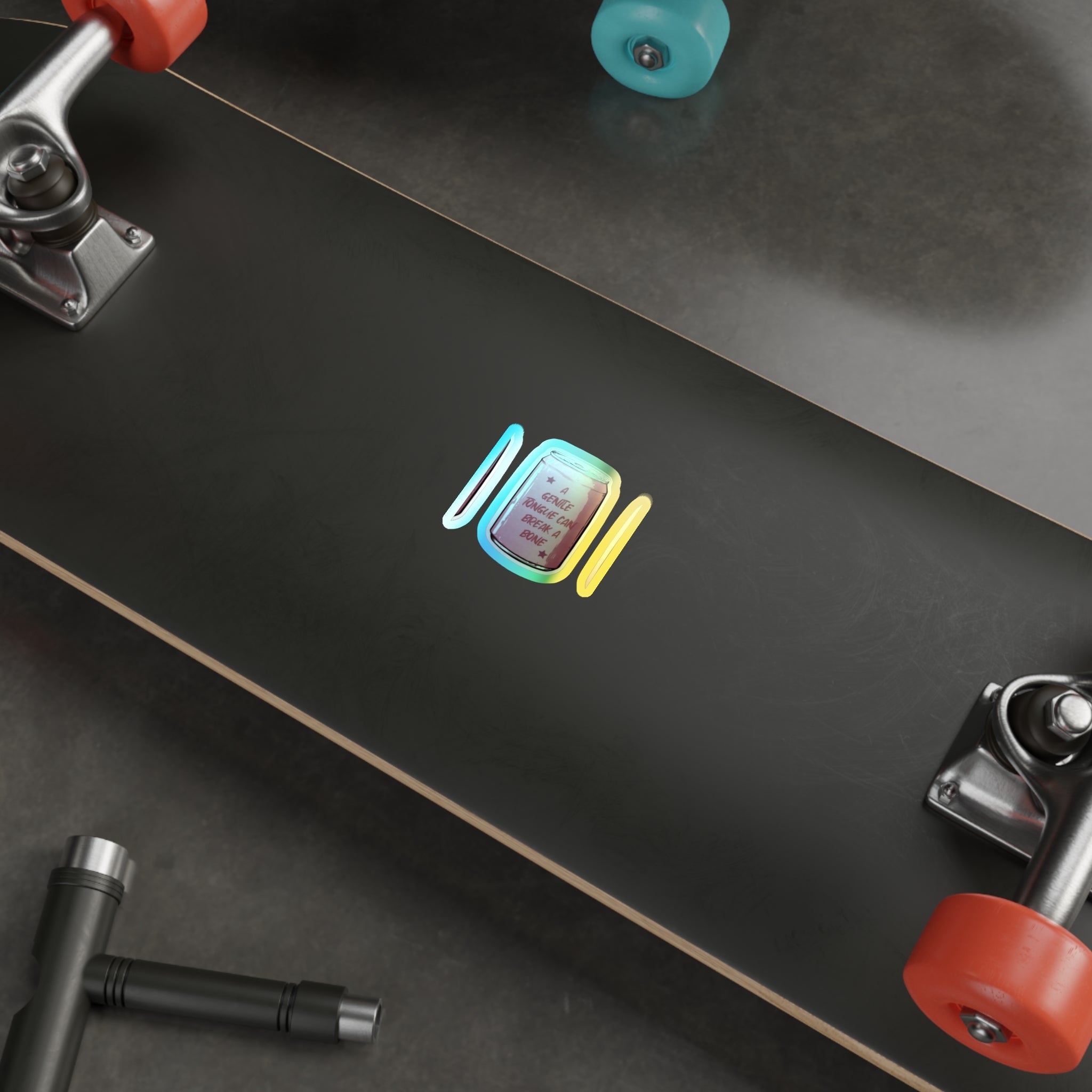 Holographic Die-Cut Sticker — Iridescent Can Design “A Gentle Tongue Can Break a Bone”