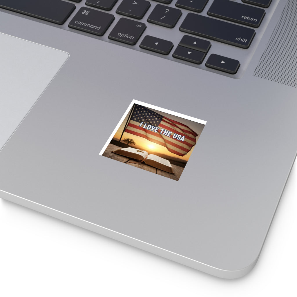 I Love the USA Square Vinyl Sticker — Patriotic American Flag Decal